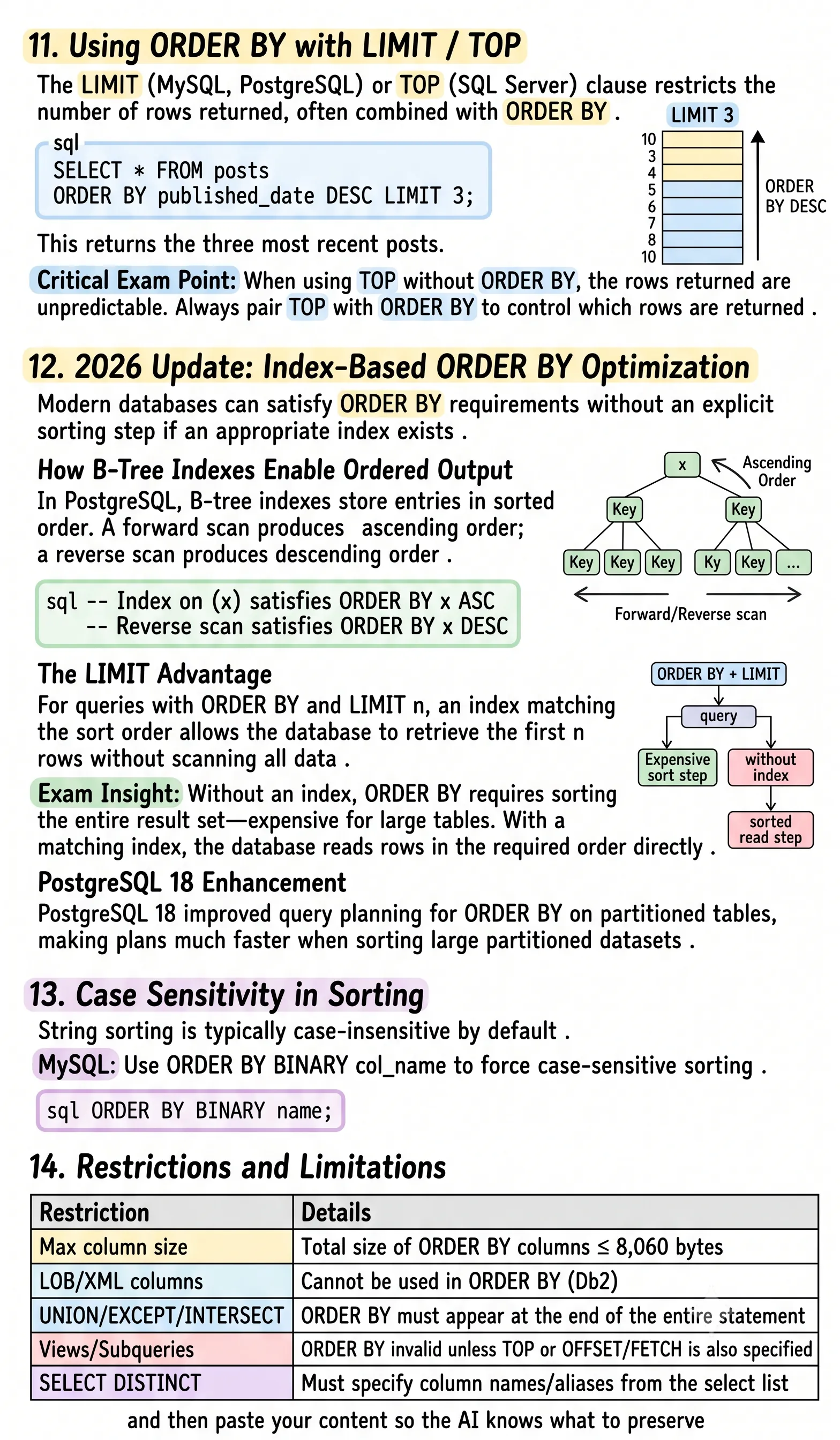 Original handwritten SQL note sheet on ORDER BY and Index Optimization